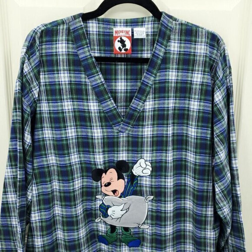 VTG 90s Disney 100% Cotton Flannel Plaid V-Neck Mickey Nightshirt OS Green/Blue - Picture 4 of 15